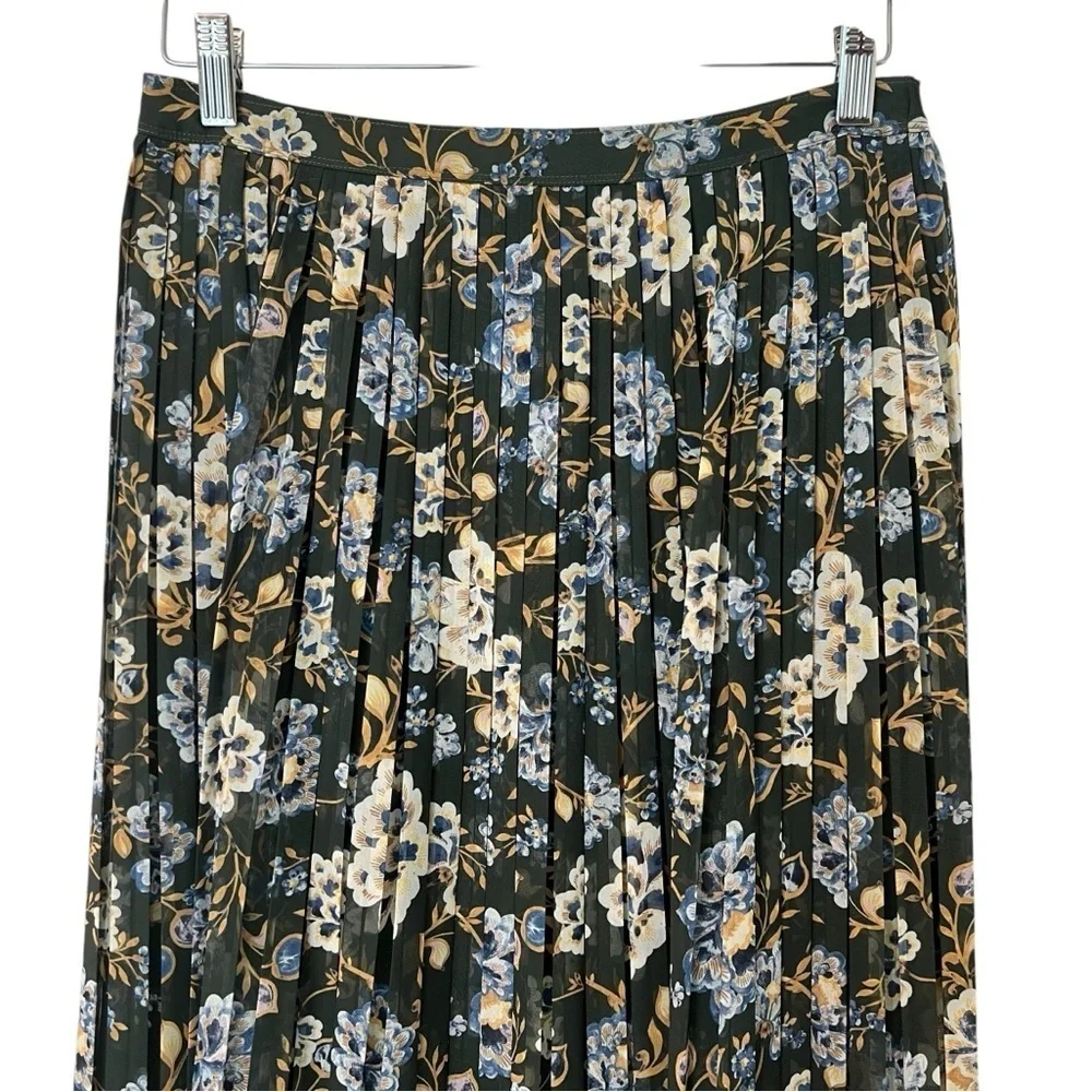 Vineyard Vined Pleated Floral Midi Skirt Green Multi Small Fall Preppy Feminine